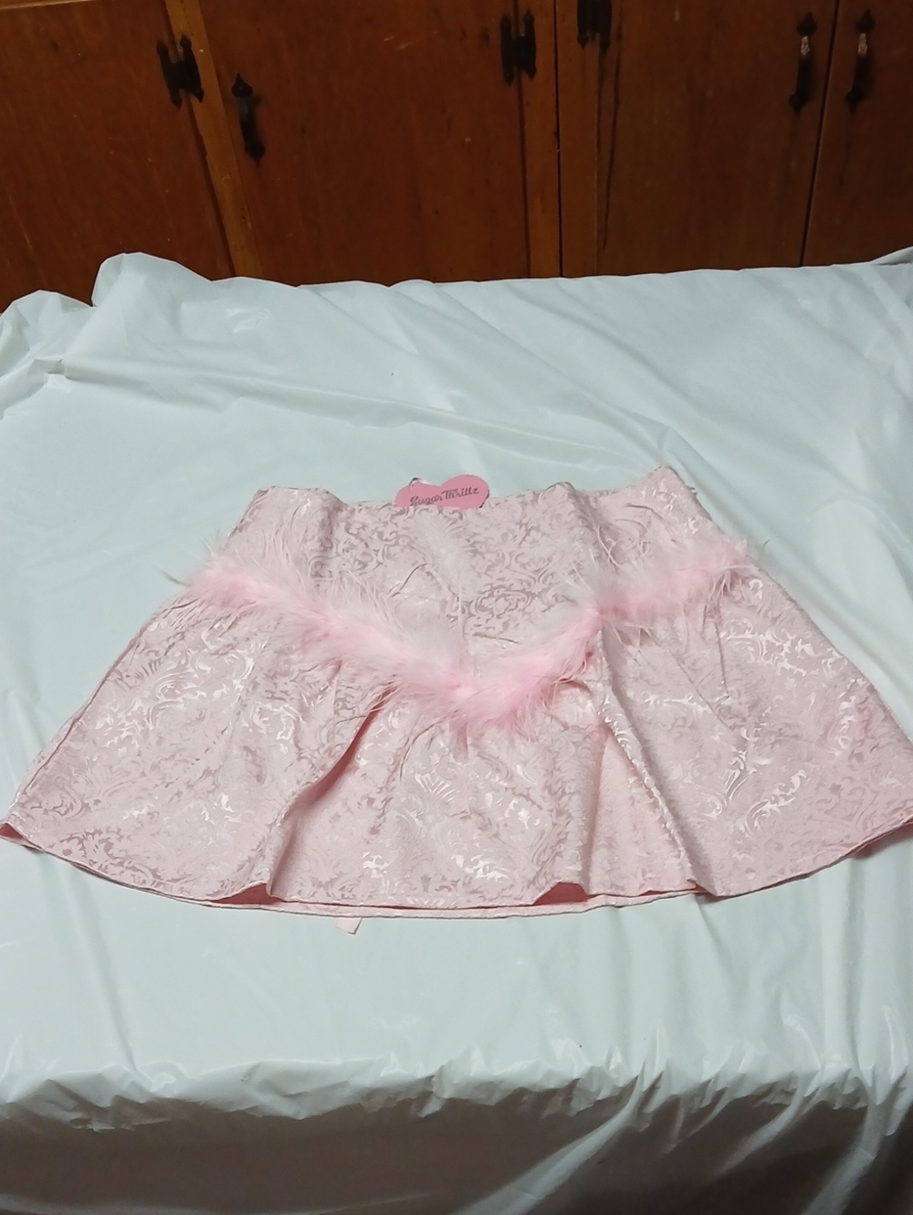 Dolls Kill Sugar Thrillz Pink Satin Brocade Mini Skirt w/ Marabou & Lace-Up Back